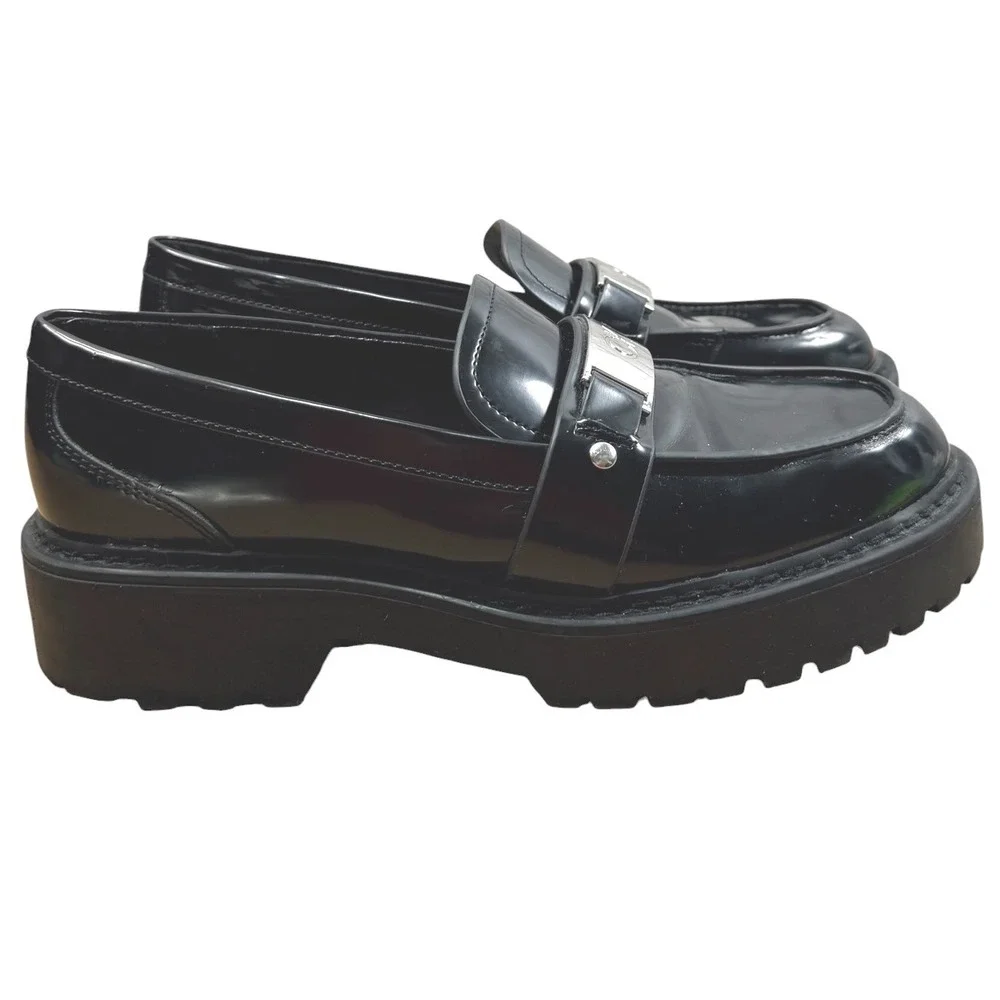 Calvin Klein Faux Patent Loafers Women 7 Black Lug Sole Chunky Dark Academia 90s